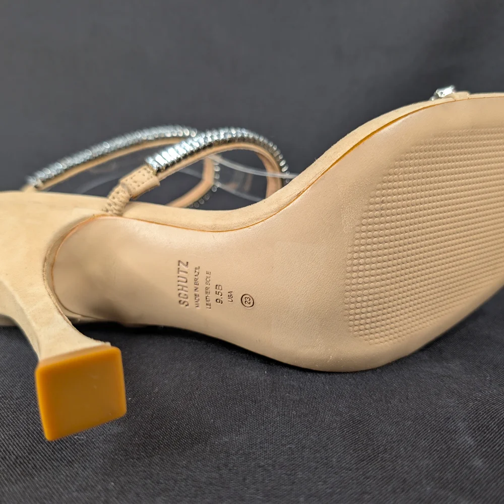 Schutz Ariella Crystal Sandals Nude Suede Square Toe Rhinestone 9.5B